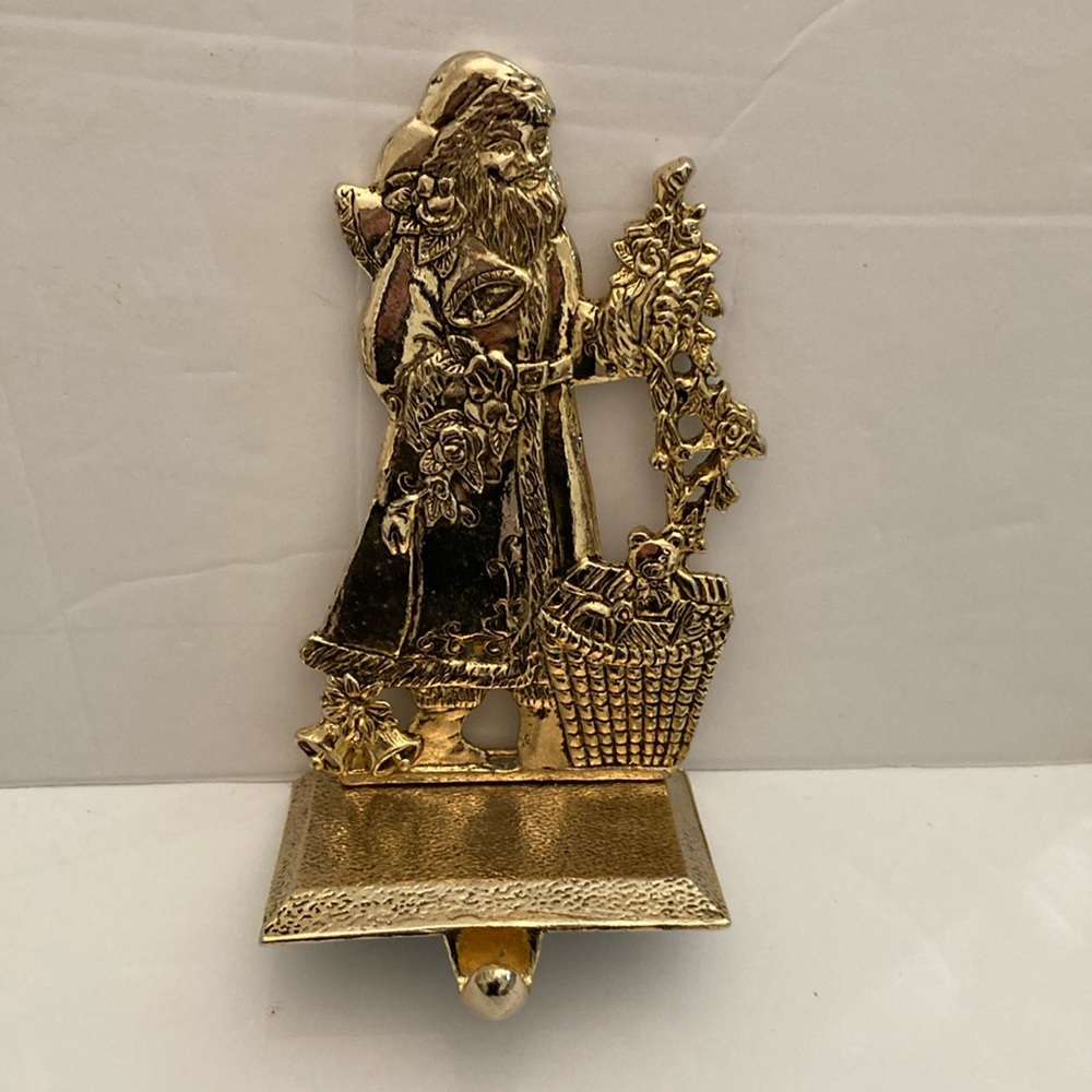 Vintage Enesco gold tone stocking holder Santa with bag full of toys